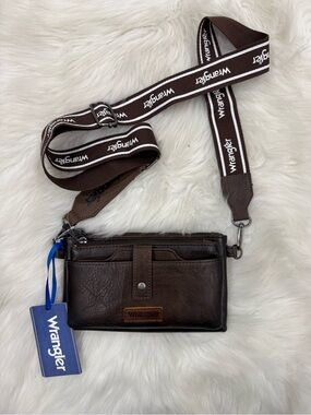 Wrangler Dark Brown Leather Messenger Crossbody with Branded Strap